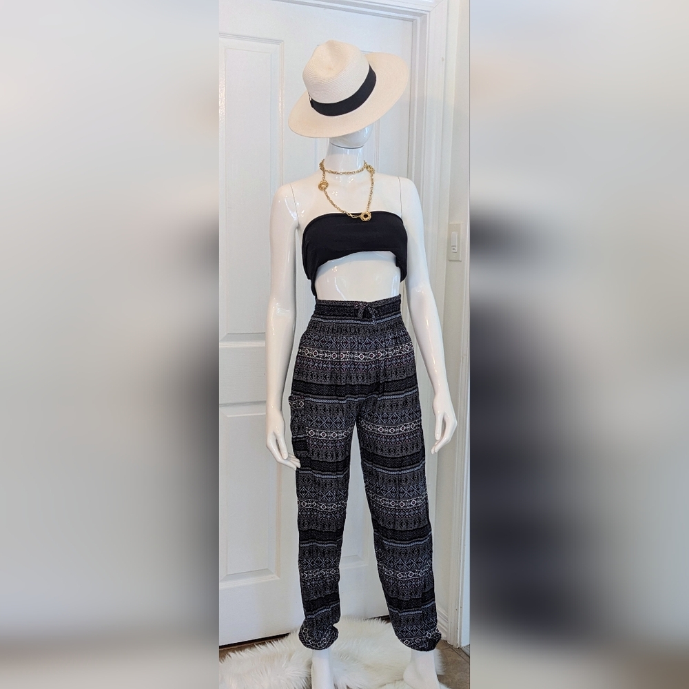 Harem Ladies Black Tribal Patterned Pants, Size Small